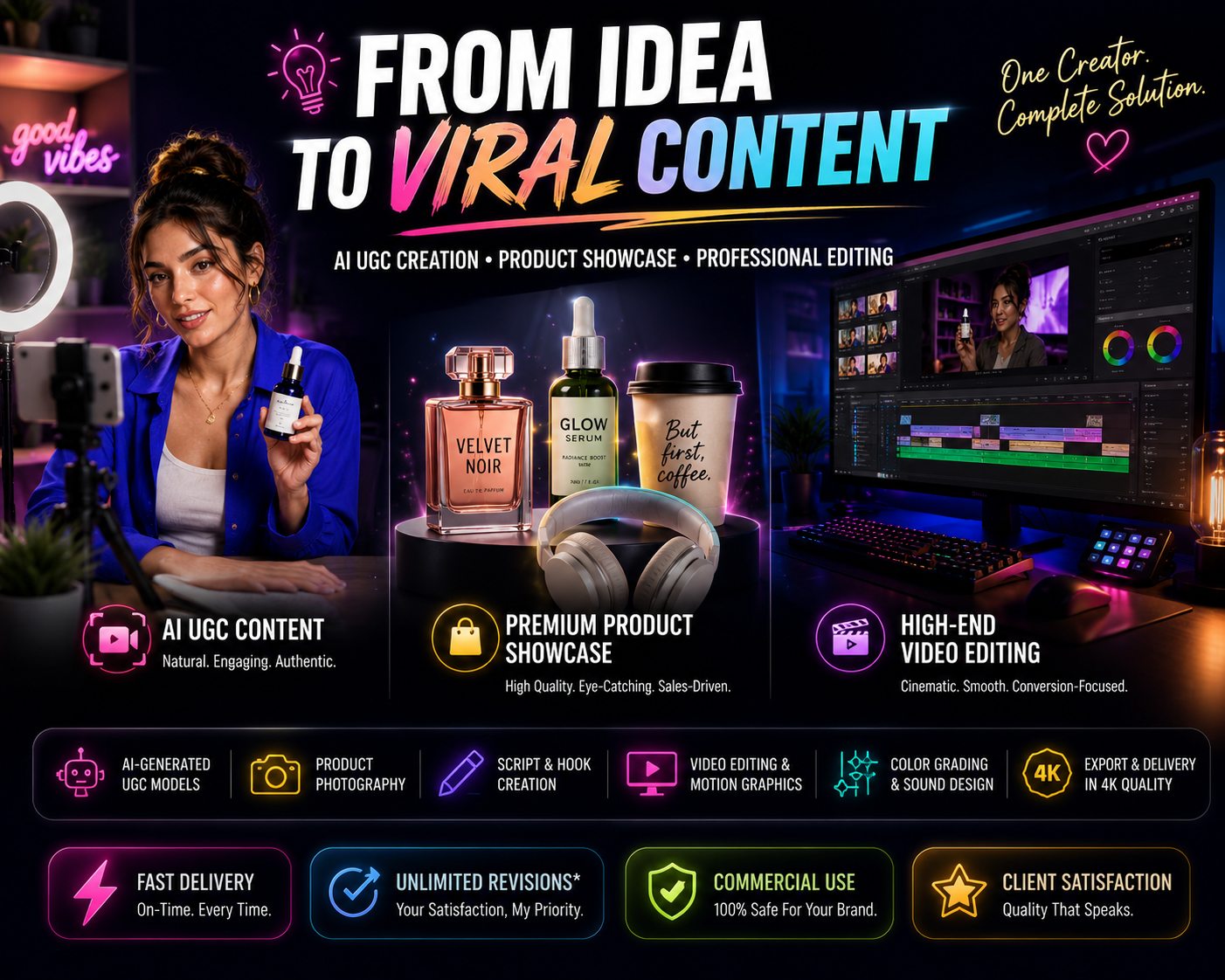 I will create hyper realistic ai ugc ads, product showcase, video editing